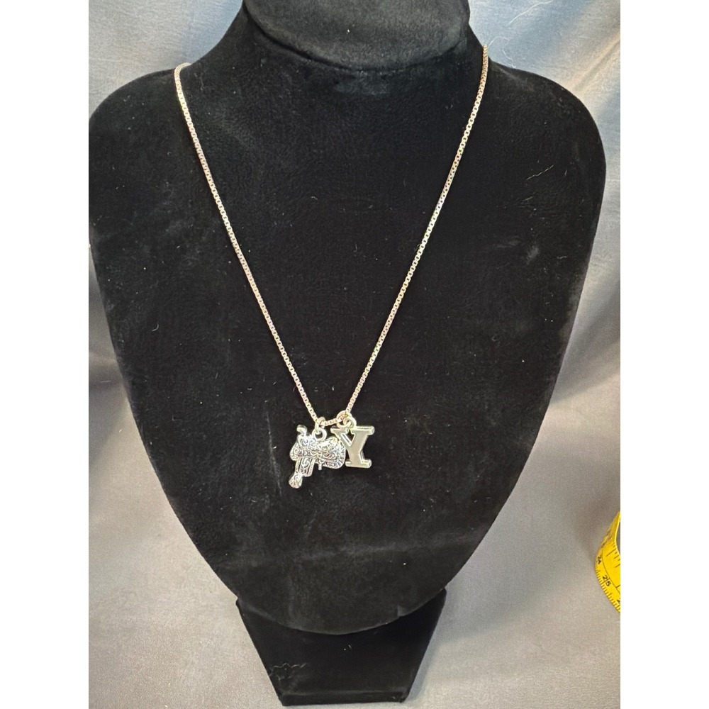 Delight Western Saddle and Initial Y Charm Necklace Silver Tone Box Chain